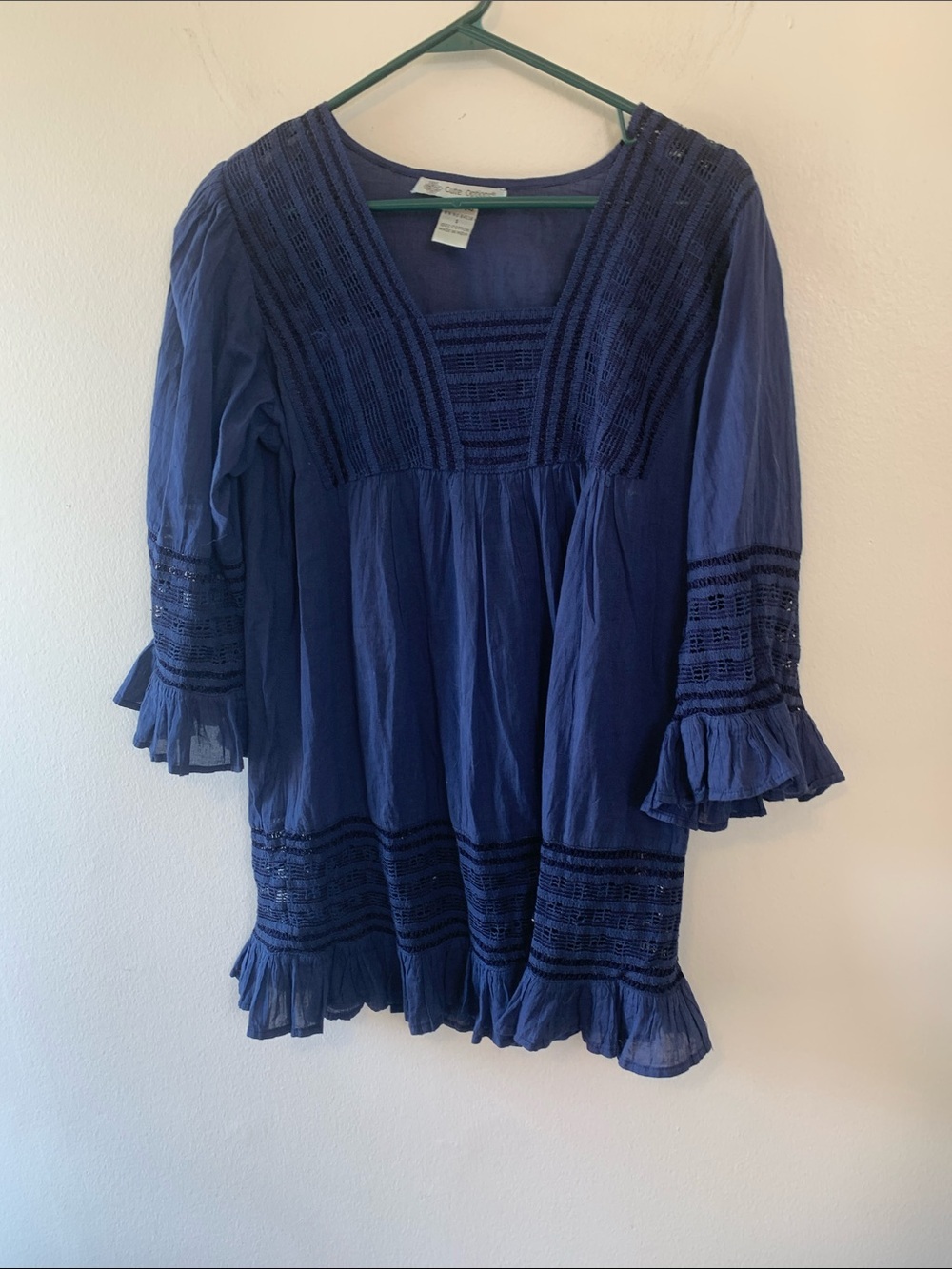 Cute Options Navy Crochet-Trim  Tunic 3/4 Sleeves 100%Lightweight Cotton